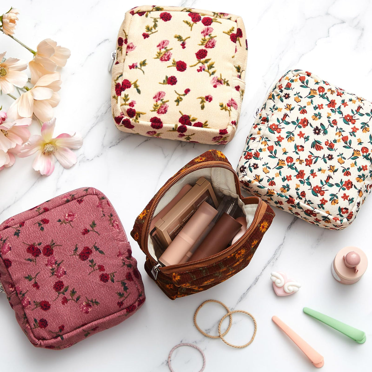Abbylike 4 Pcs Floral Makeup Bag Cosmetic Bag with Zipper Portable Small Pouches for Purse Toiletry Mini Pouch Cute Mini Makeup Purse for Coin Essentials Items Women(Rose)
