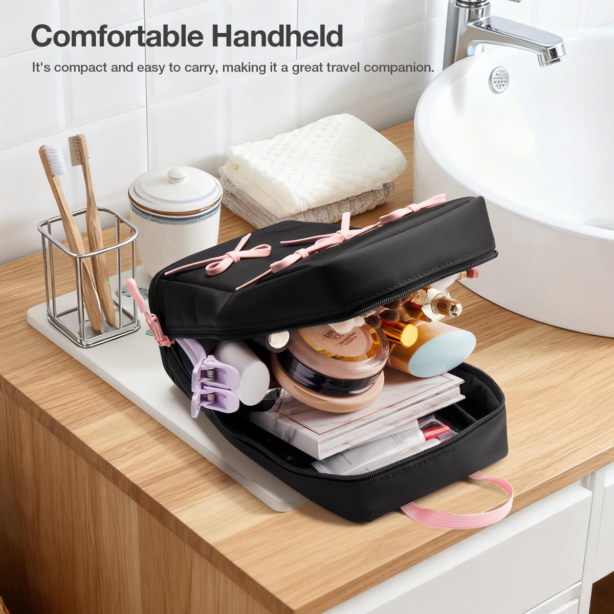 Abiudeng Stand Up Travel Makeup Bag, Small Black Waterproof Cosmetic Case with Brush Compartment & Elastic Holders for Makeup Essentials