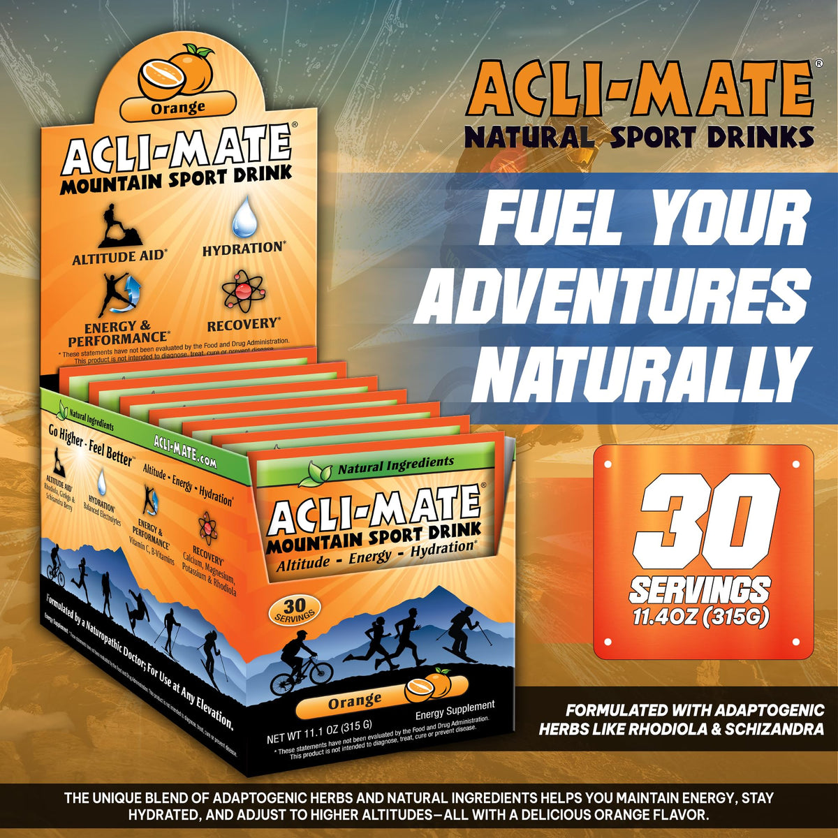 Acli-Mate Mountain Sport Drink Mix | High Altitude Electrolyte Powder Packets (30 Ct, Orange)