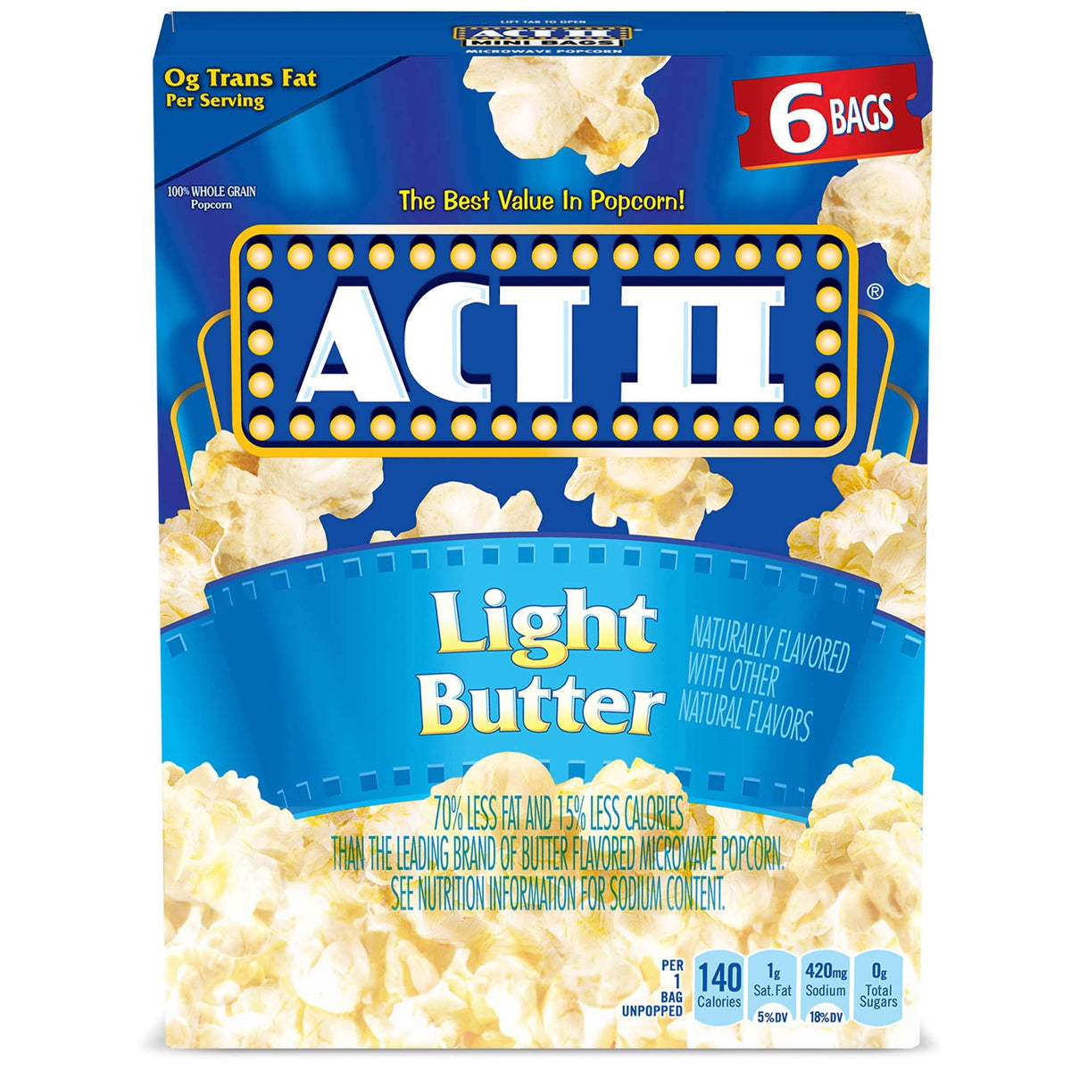 ACT II Light Butter Microwave Popcorn – 6 Boxes (36 Bags), 2.75 oz Each | 70% Less Fat, 15% Fewer Calories