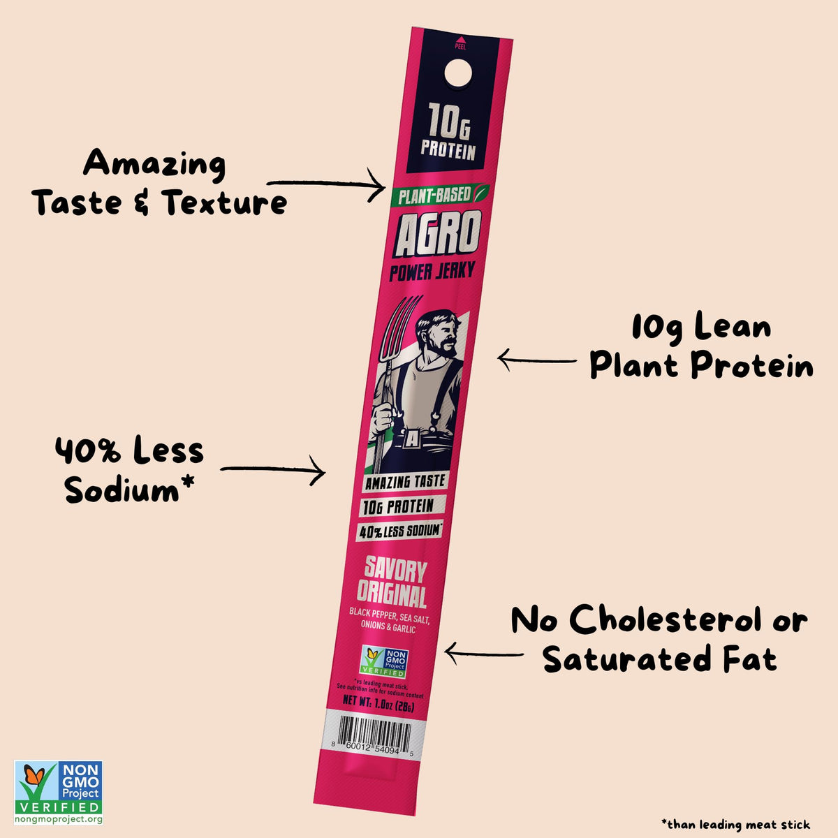 AGRO POWER Vegan Jerky Sticks Variety Pack – 10g Protein per Stick, Non-GMO, 40% Less Sodium