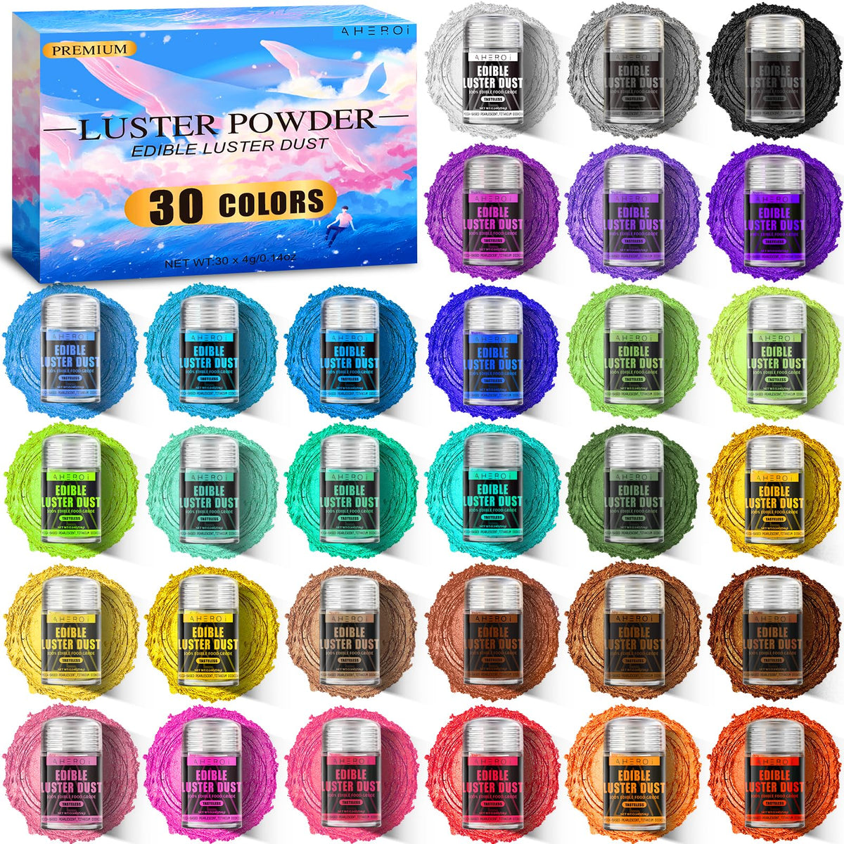 Aheroi Edible Glitter – 30 Colors Luster Dust for Drinks, Cakes & Chocolates (4g/0.14oz)