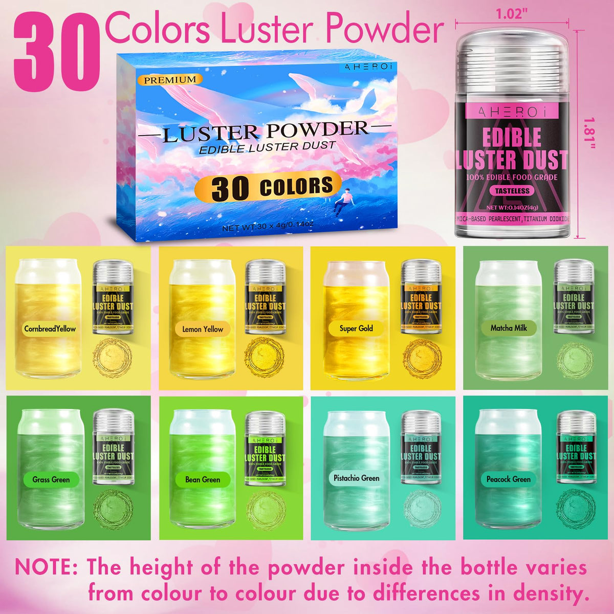 Aheroi Edible Glitter – 30 Colors Luster Dust for Drinks, Cakes & Chocolates (4g/0.14oz)