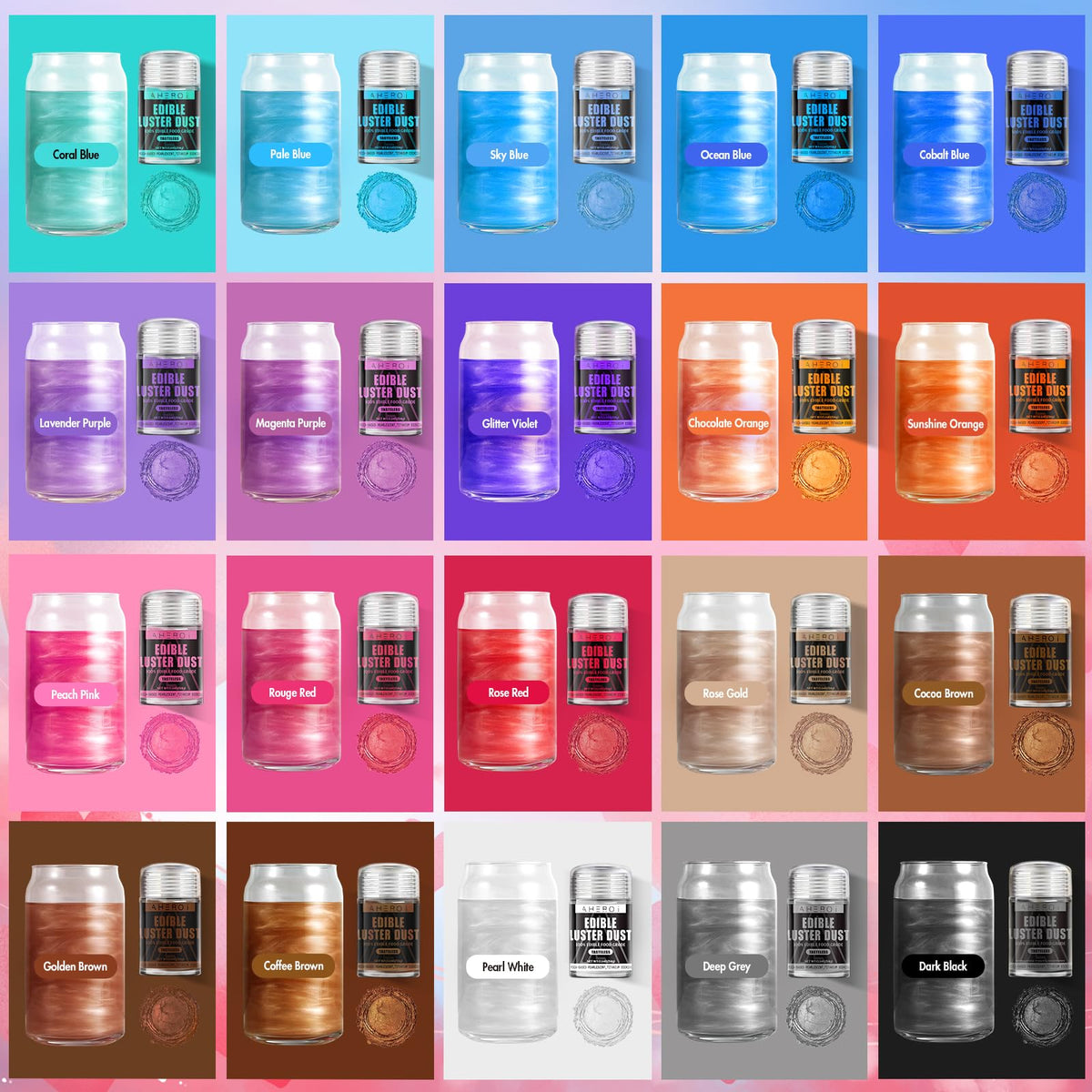 Aheroi Edible Glitter – 30 Colors Luster Dust for Drinks, Cakes & Chocolates (4g/0.14oz)
