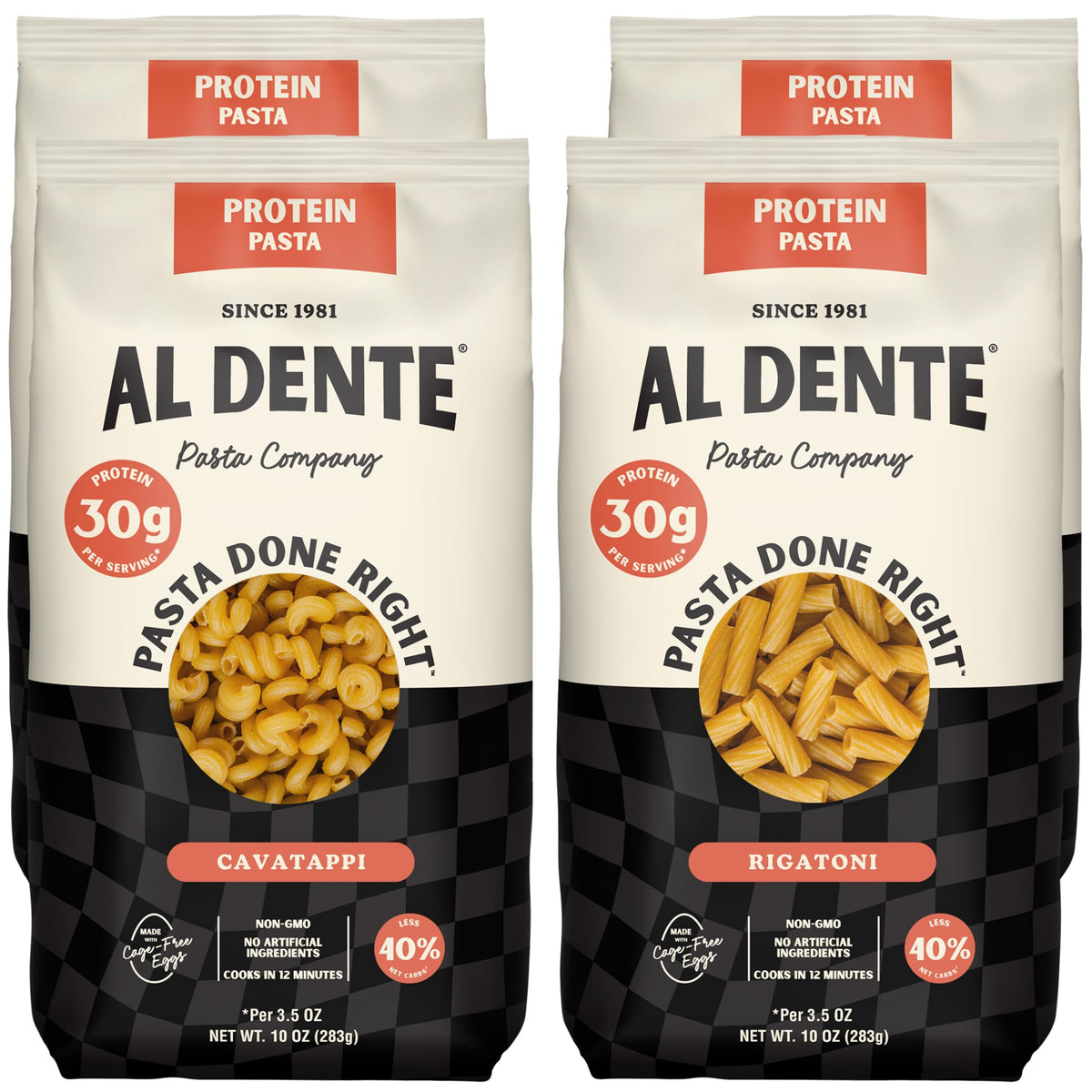 Al Dente Protein Pasta Cavatappi & Rigatoni – 30g Protein per 3.5oz Serving, Lower Carb, High Fiber – 4x10oz Bags
