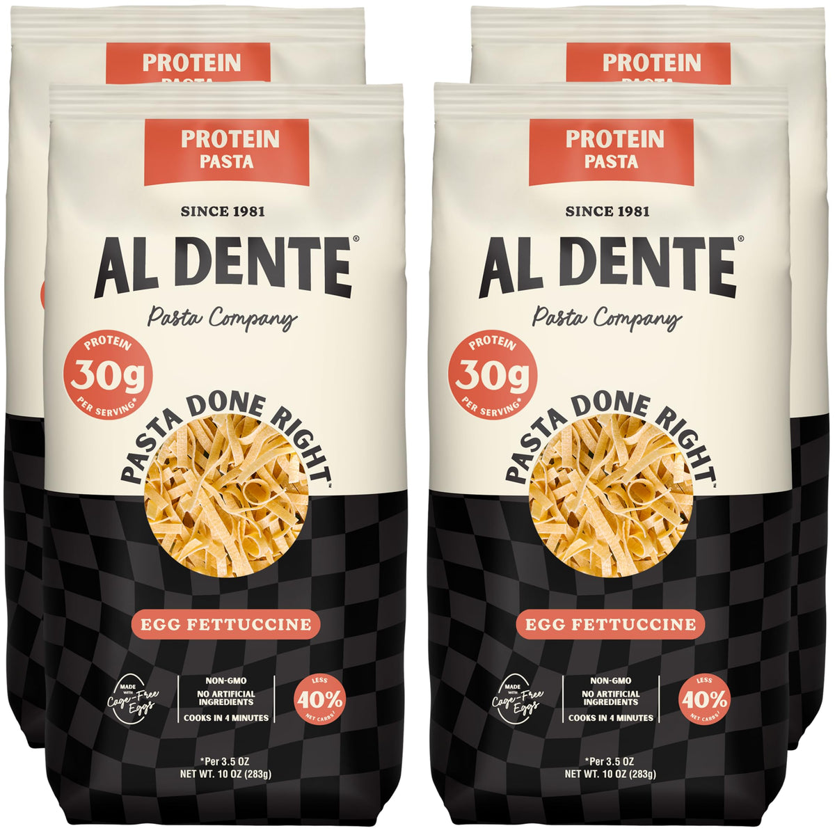 AL DENTE Protein Pasta Egg Fettuccine – 30g Protein per 3.5oz Serving, Lower Carb, High Fiber | 4 x 10oz Bags