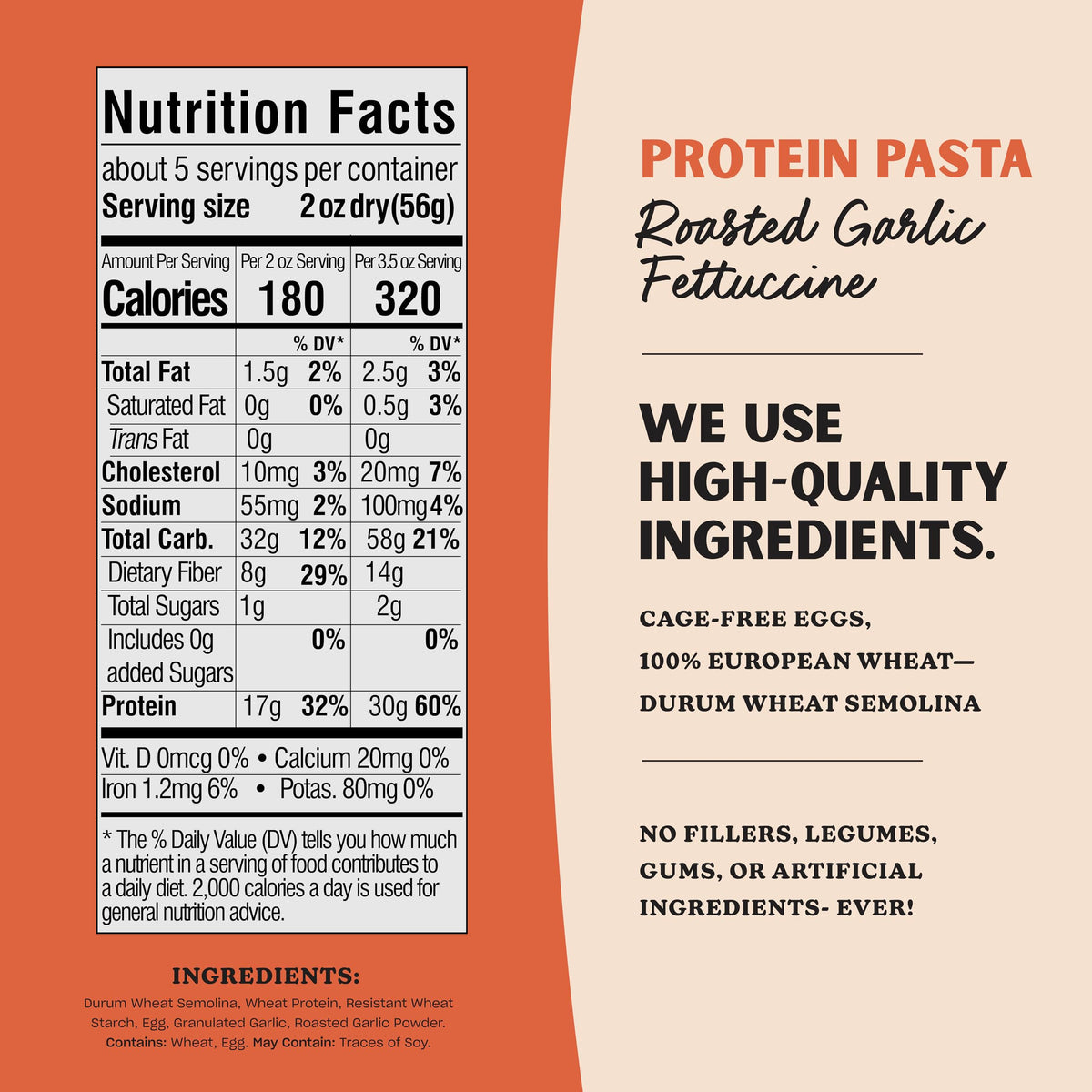 AL DENTE Protein Pasta Egg & Roasted Garlic Fettuccine – 30g Protein, 3.5 oz Serving, Lower Carb, Cage-Free Eggs & Semolina (Pack of 2, 10 oz Bags)