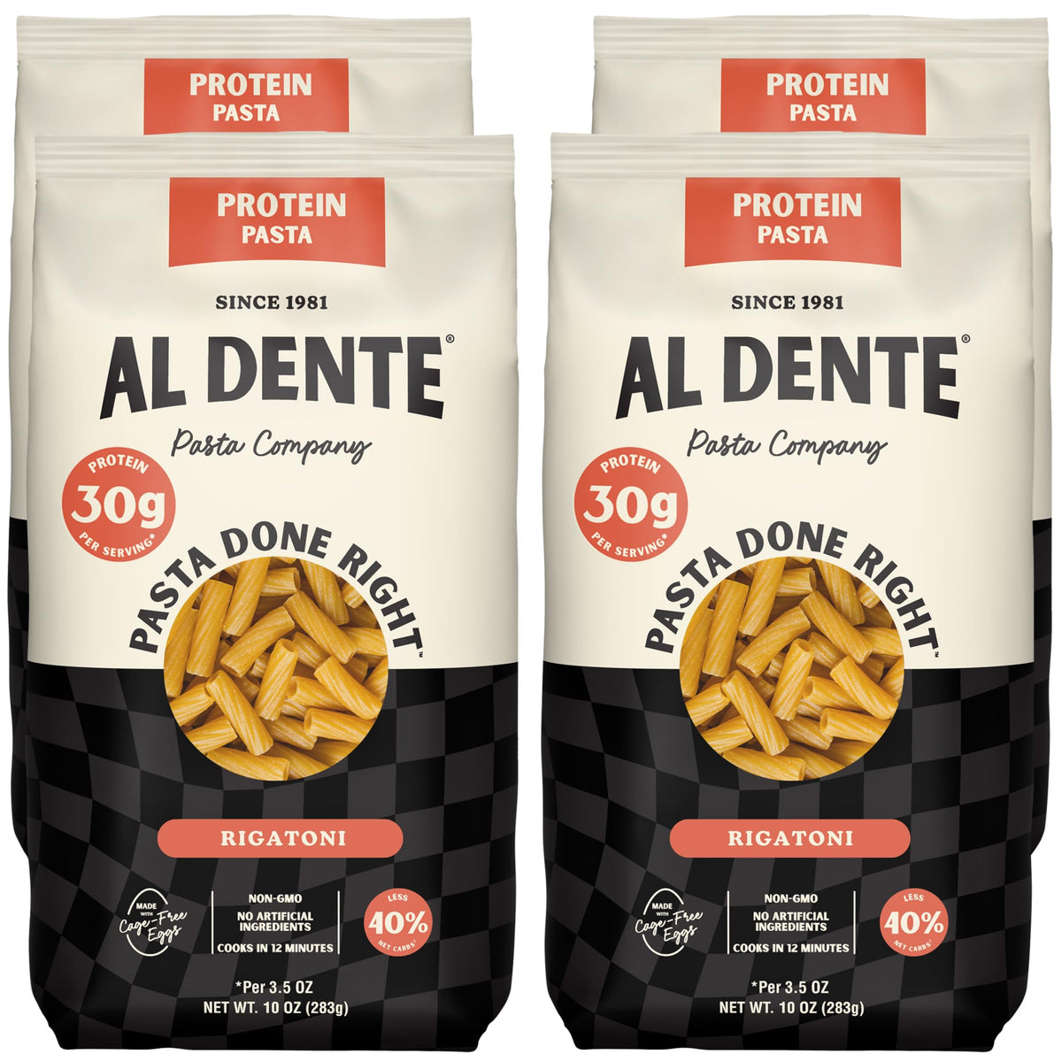 Al Dente Protein Pasta Rigatoni – 30g Protein per 3.5 oz Serving, Lower Carb, High Fiber | 10oz Bags (Pack of 4)