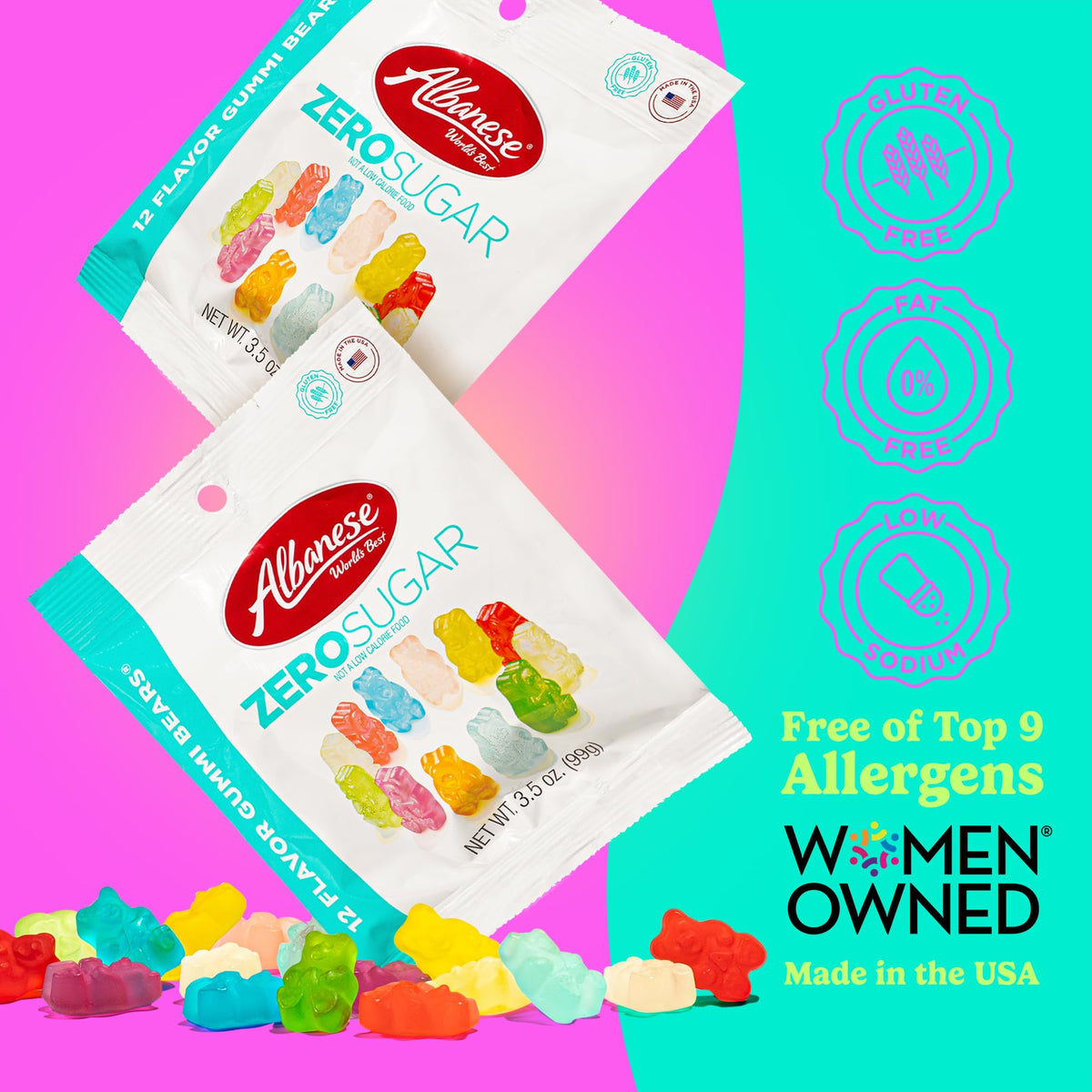 Albanese Sugar Free 12 Flavor Gummi Bears | 3.5 oz Bag, Pack of 12