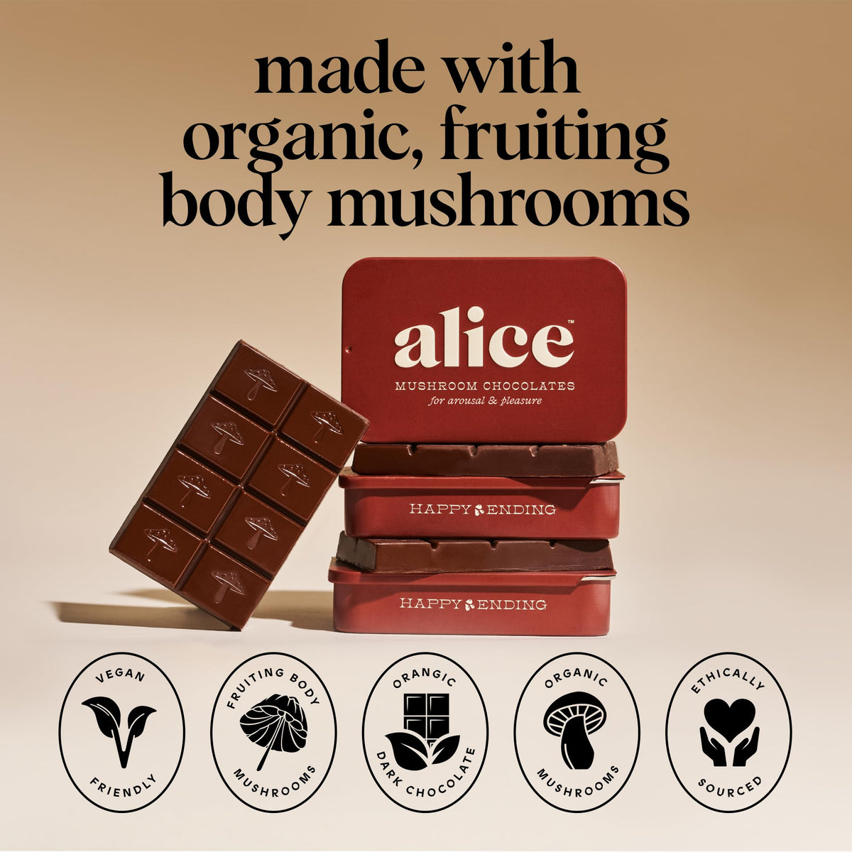 Alice Mushrooms Happy Ending — Mood & Energy Chocolate with Cordyceps