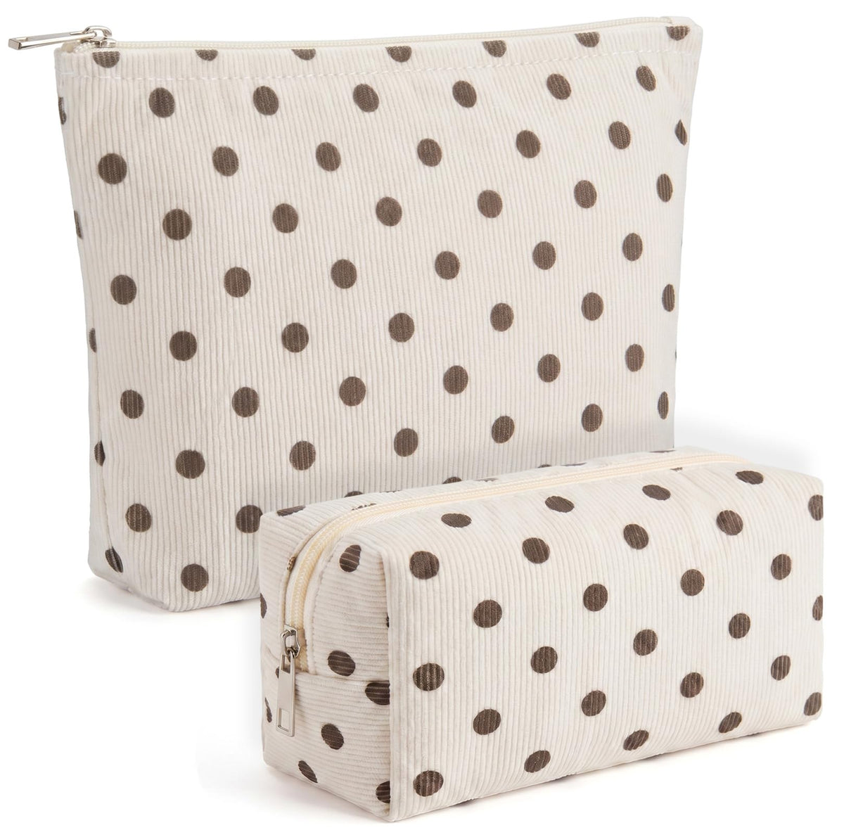 Aliceset 2 Pcs Makeup Bag Set Corduroy Cosmetic Pouch for Purse Large Travel Toiletry Bag Design Aesthetic Cotton Zipper Organizer for Women Gift Beauty Essentials(Polka Dot Beige)