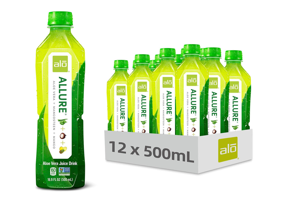 ALO Aloe Vera Juice Drink | ALLURE Mangosteen + Mango – Real Aloe Pulp, 16.9 fl oz, Pack of 12