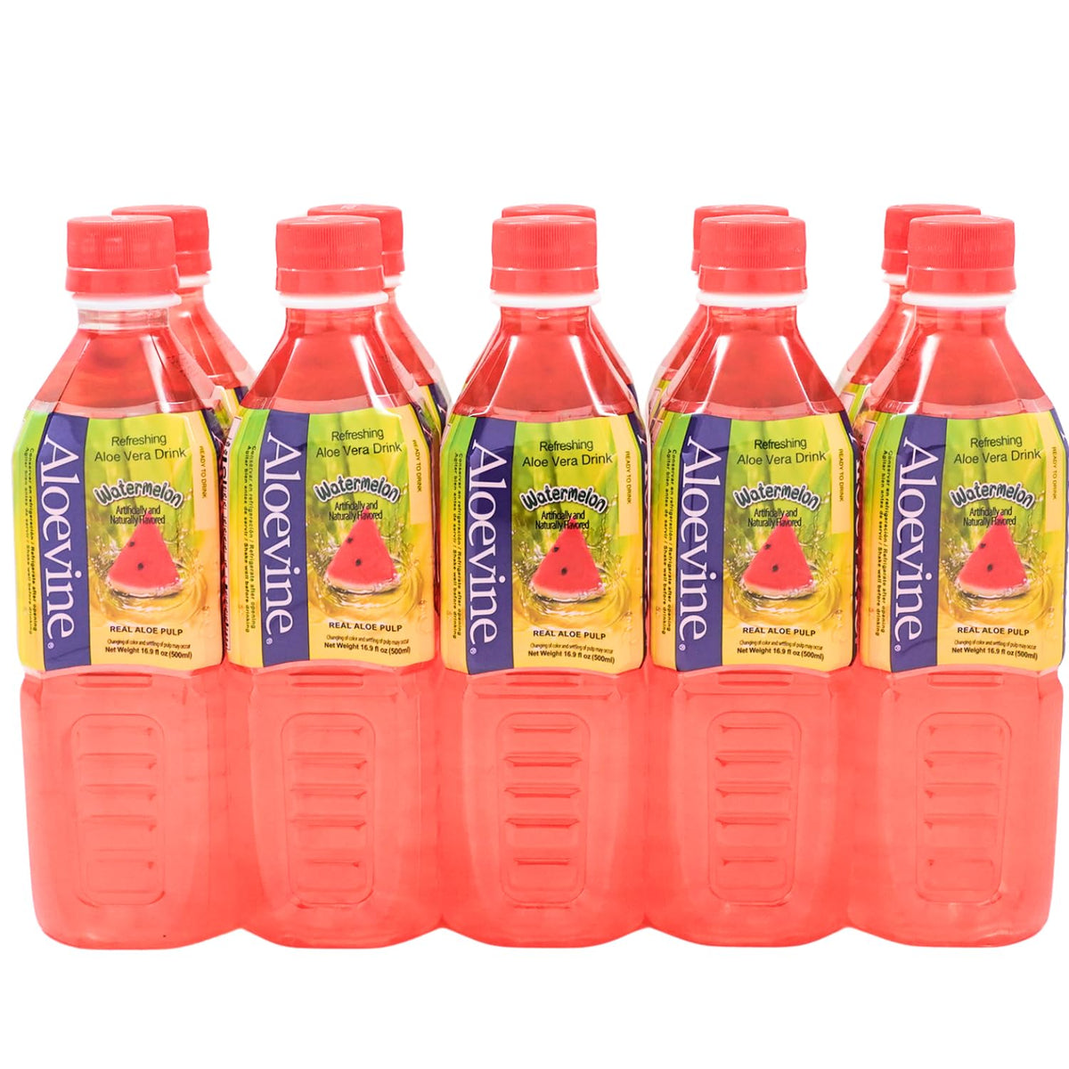ALOEVINE Watermelon Aloe Vera Juice Drink with Real Aloe Pulp – 16.9 oz Bottles, 10 Pack