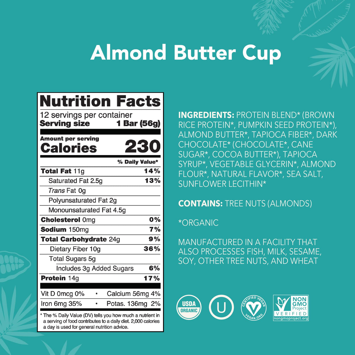 ALOHA Almond Butter Cup Protein Bars - 12 Bars, Vegan, Gluten-Free, Low Sugar
