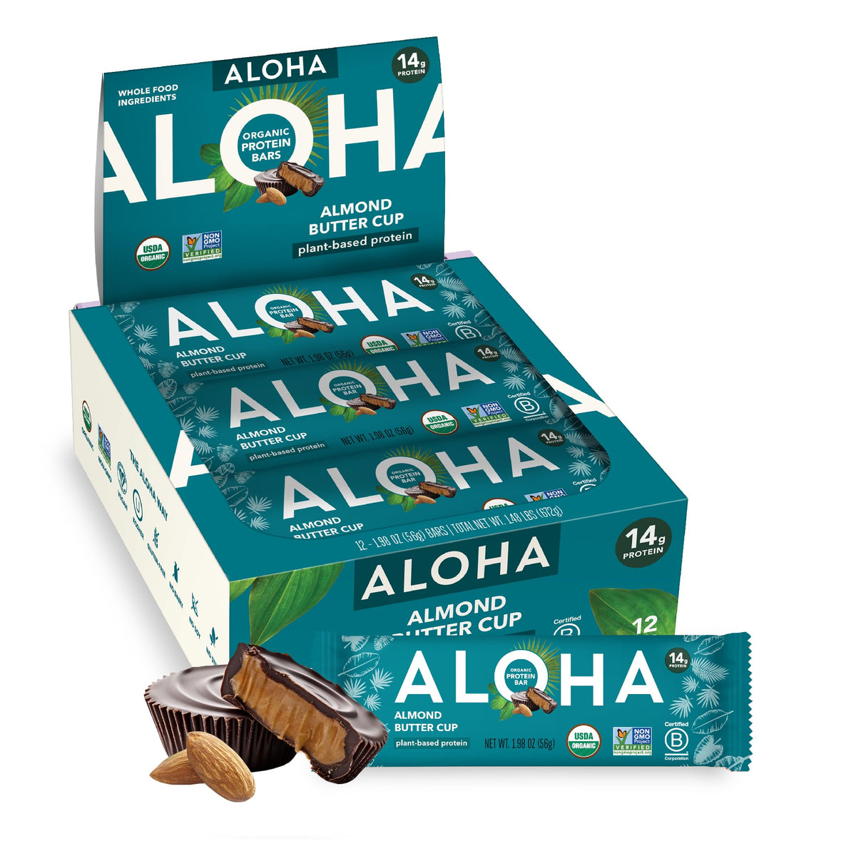 ALOHA Almond Butter Cup Protein Bars - 12 Bars, Vegan, Gluten-Free, Low Sugar