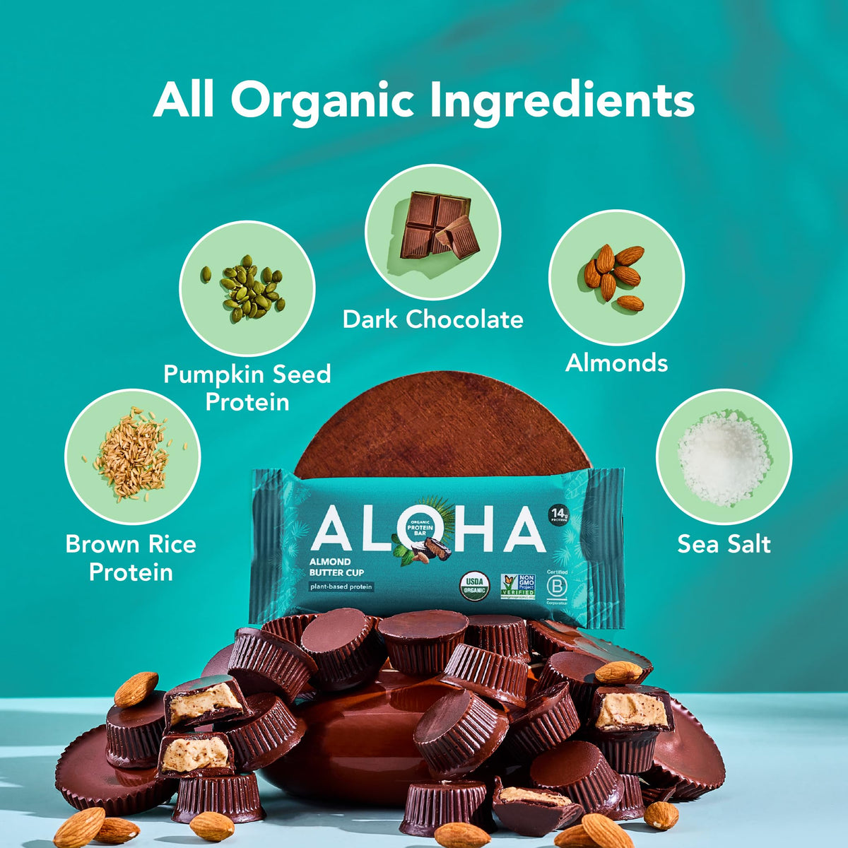 ALOHA Almond Butter Cup Protein Bars - 12 Bars, Vegan, Gluten-Free, Low Sugar