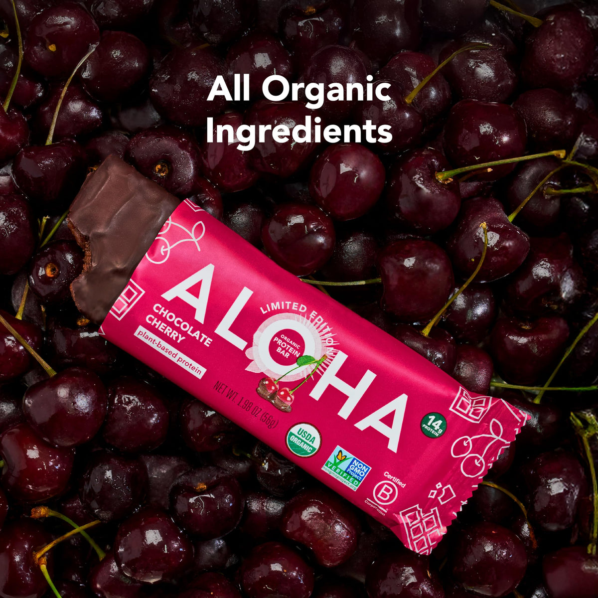 ALOHA Organic Plant Based Protein Bars - Chocolate Cherry (12 Bars) | 14g Protein, Low Sugar, Gluten-Free