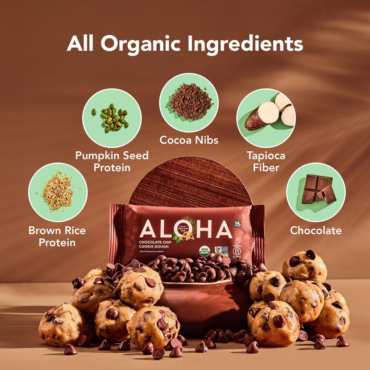 ALOHA Organic Plant-Based Protein Bars – Chocolate Chip Cookie Dough, 12-Pack (1.98 oz each)