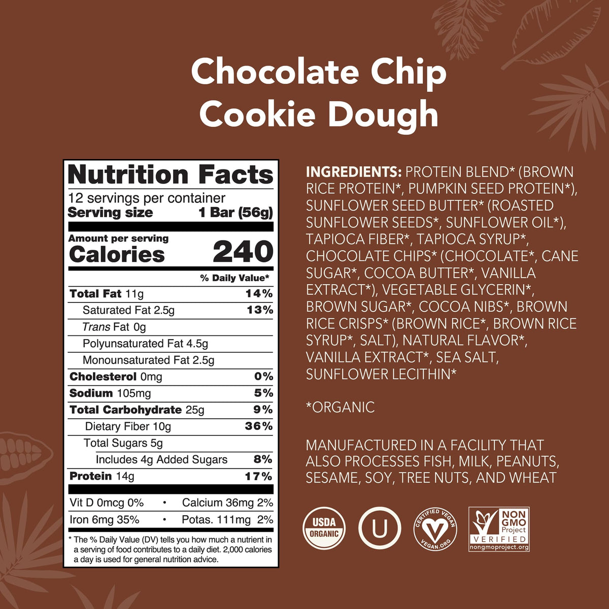 ALOHA Organic Plant-Based Protein Bars – Chocolate Chip Cookie Dough, 12-Pack (1.98 oz each)