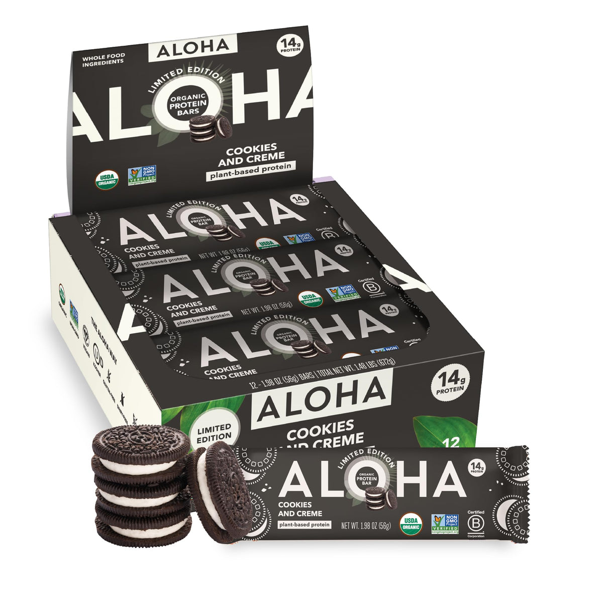 ALOHA Cookies and Creme Plant-Based Protein Bars – 12 Bar Pack