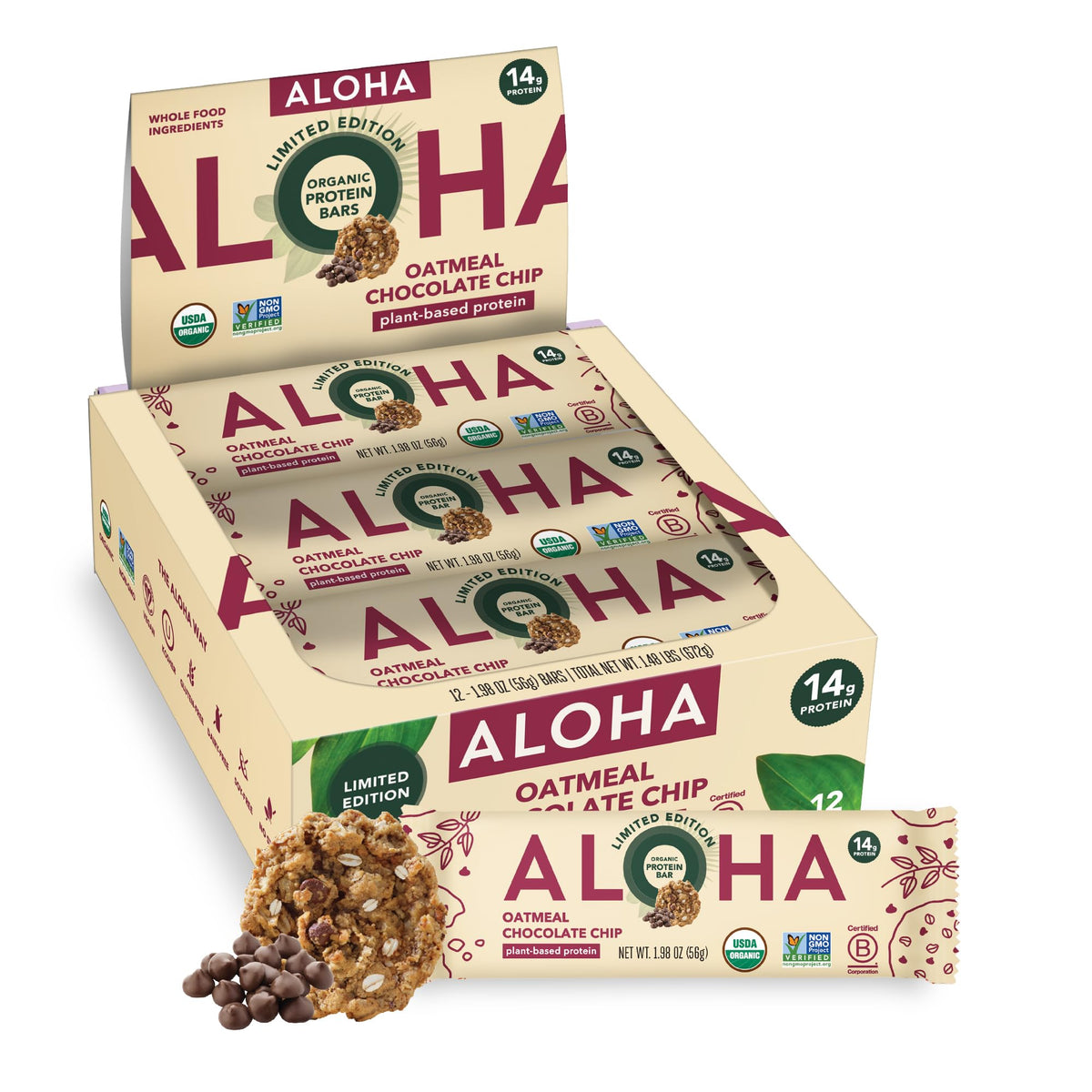 ALOHA Organic Plant-Based Protein Bars – Oatmeal Chocolate Chip, 12 Count | Vegan, Gluten-Free, Low Sugar