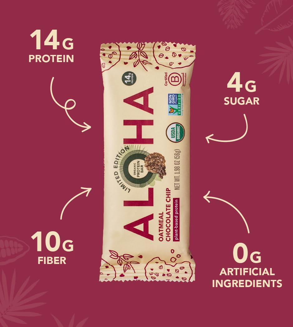 ALOHA Organic Plant-Based Protein Bars – Oatmeal Chocolate Chip, 12 Count | Vegan, Gluten-Free, Low Sugar
