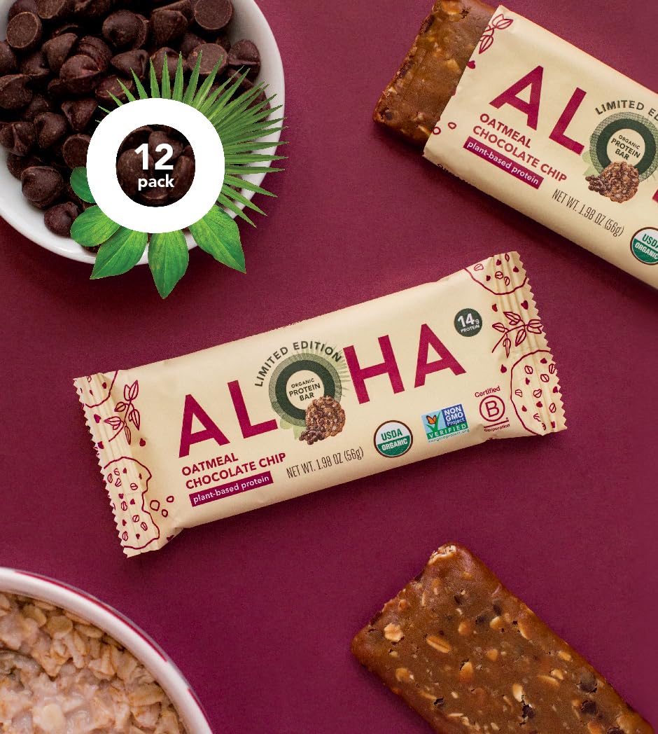 ALOHA Organic Plant-Based Protein Bars – Oatmeal Chocolate Chip, 12 Count | Vegan, Gluten-Free, Low Sugar