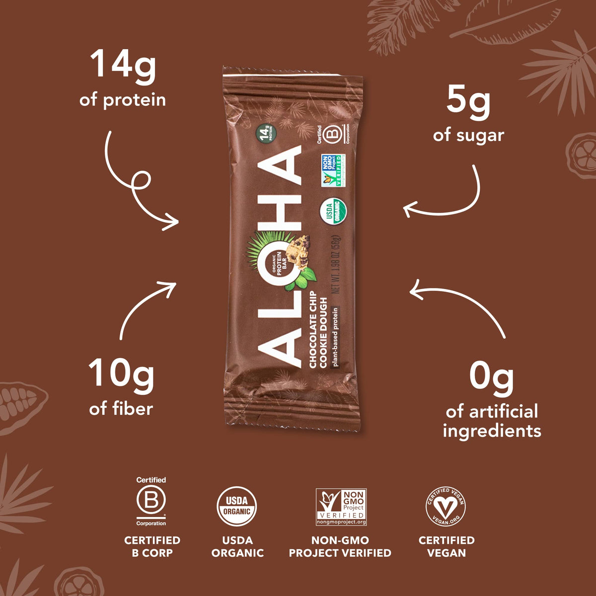 ALOHA Organic Plant-Based Protein Bars – Chocolate Chip Cookie Dough, 12-Pack (1.98 oz each)