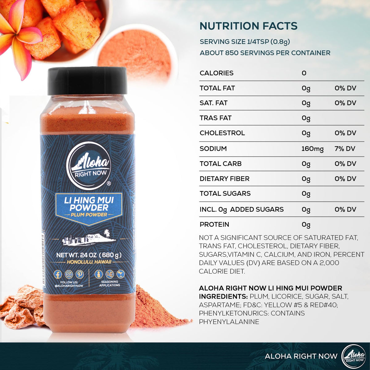 Aloha Right Now Li Hing Mui Powder 24 oz Shaker – Flavoring for Fruits, Candy & Cocktails