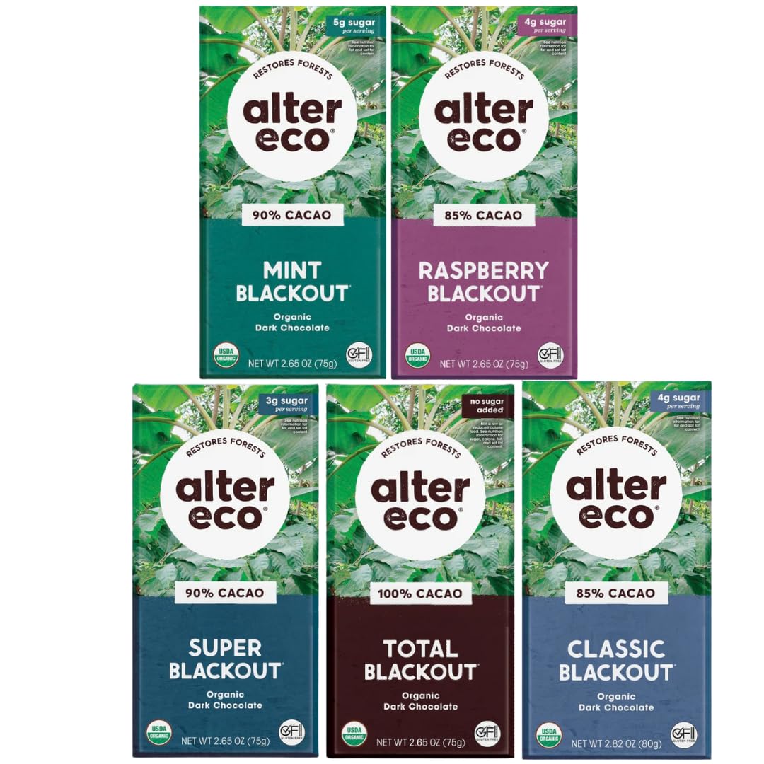 Alter Eco Dark Blackout Chocolate Variety Pack (5-Count) | Raspberry, 100% Cacao, Super, Deep & Mint Blackout | Organic & Fair Trade