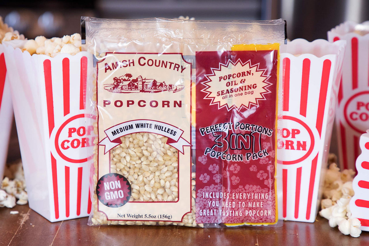 Amish Country Popcorn | All-In-One Medium White Kernel Popcorn Packs (5.5 oz, 24 ct) with Hulless Kernels, Oil & Salt