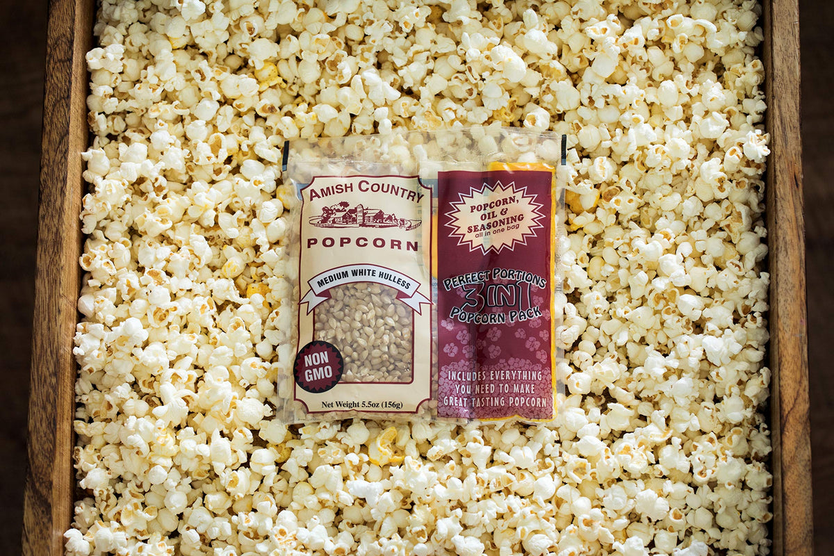 Amish Country Popcorn | All-In-One Medium White Kernel Popcorn Packs (5.5 oz, 24 ct) with Hulless Kernels, Oil & Salt