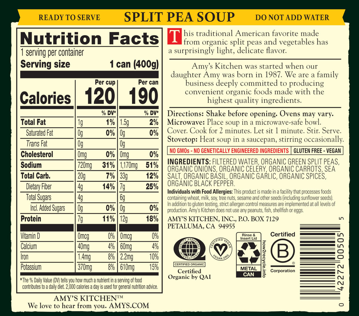 Amy's Vegan Split Pea Soup – Organic, Gluten Free, 12-Pack 14.1 oz Cans