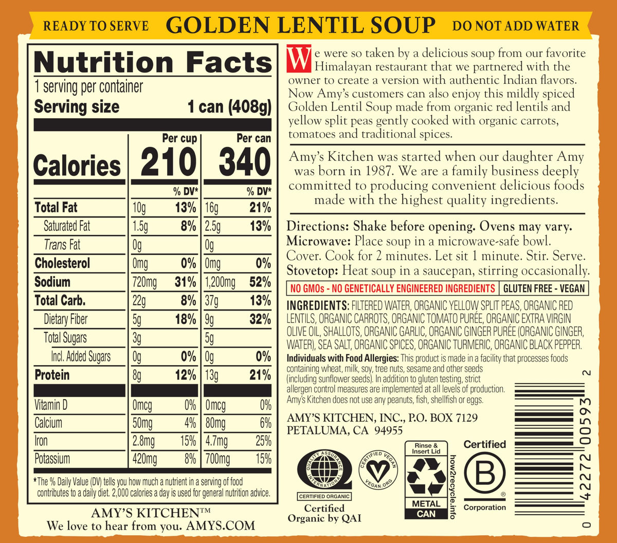 Amy's Golden Lentil Soup – Vegan, Gluten Free, 14.4 oz Pack of 12