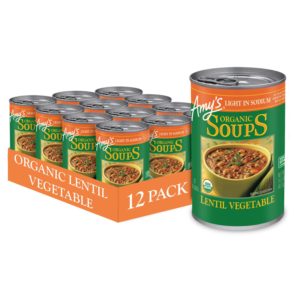 Amy's Organic Light in Sodium Lentil Vegetable Soup – Gluten Free, Vegan, 14.5 oz (12 Pack)