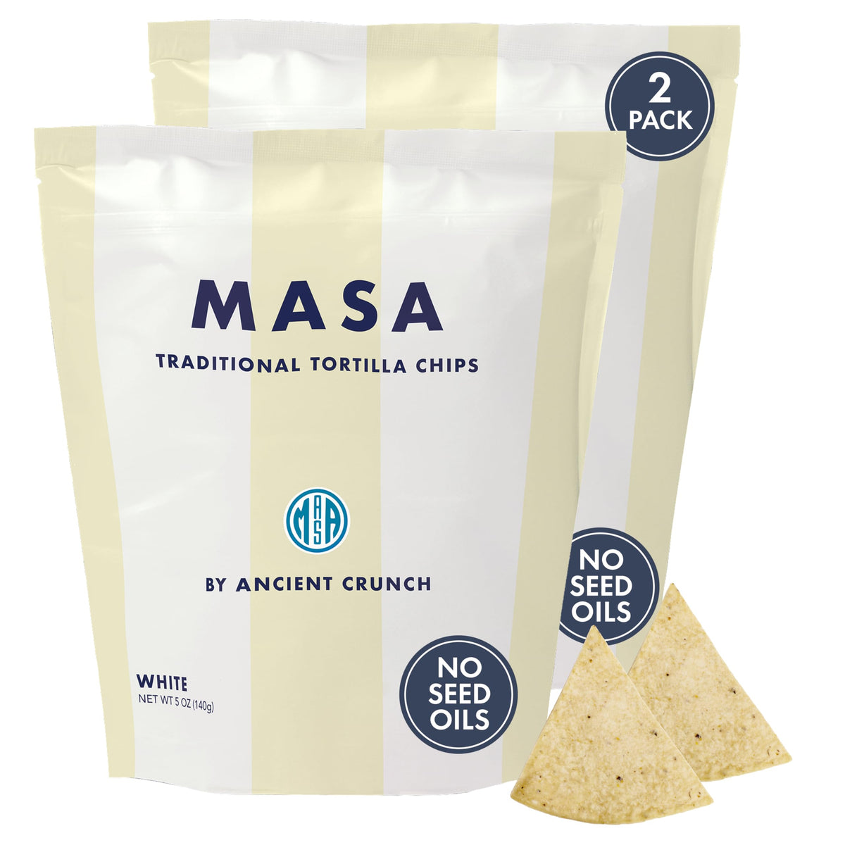 Ancient Crunch MASA Chips – White Corn Tortilla Chips in Beef Tallow, Seed-Oil Free & Gluten Free (2 Pack x 5 oz)