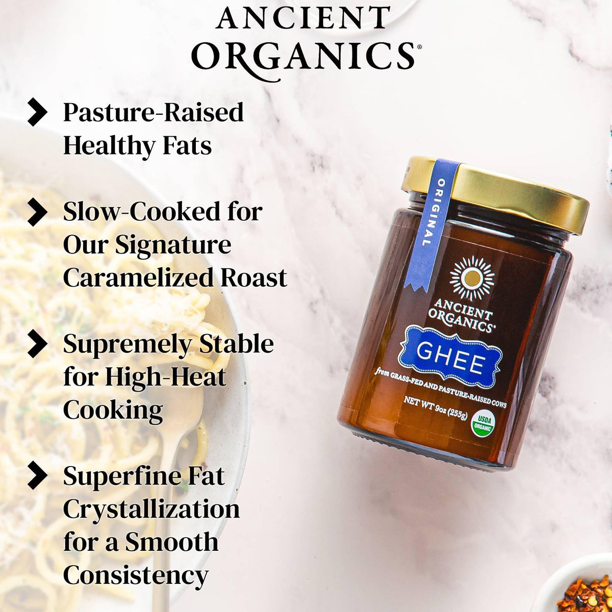 Ancient Organics Ghee – Organic Grass-Fed Clarified Butter, Gluten Free, Lactose Reduced, Kosher, USDA Certified – 9 oz (Pack of 2)