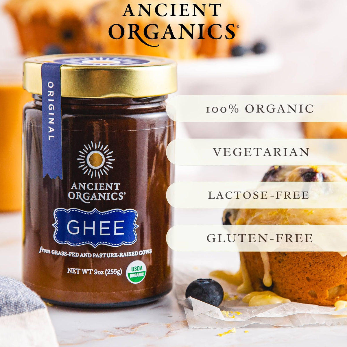 Ancient Organics Ghee – Organic Grass-Fed Clarified Butter, Gluten Free, Lactose Reduced, Kosher, USDA Certified – 9 oz (Pack of 2)