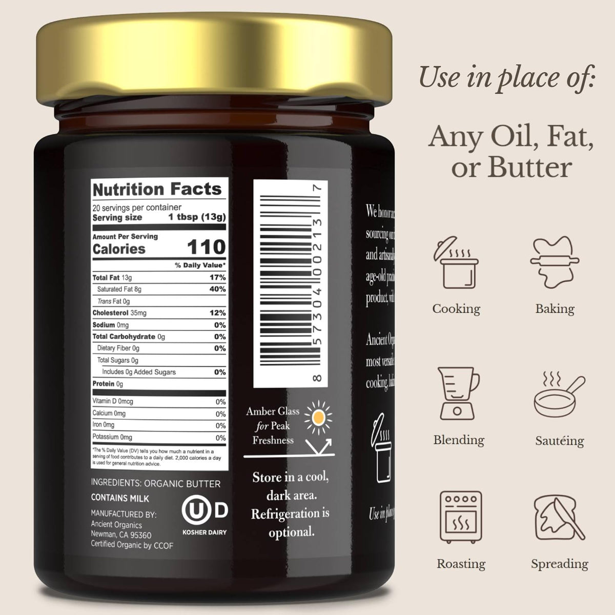 Ancient Organics Ghee – Organic Grass-Fed Clarified Butter, Gluten Free, Lactose Reduced, Kosher, USDA Certified – 9 oz (Pack of 2)