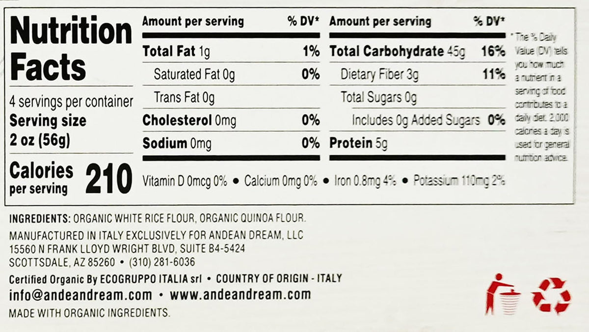 Andean Dream Org Spaghetti Quinoa Pasta Gluten Free – 8 oz Pack of 12