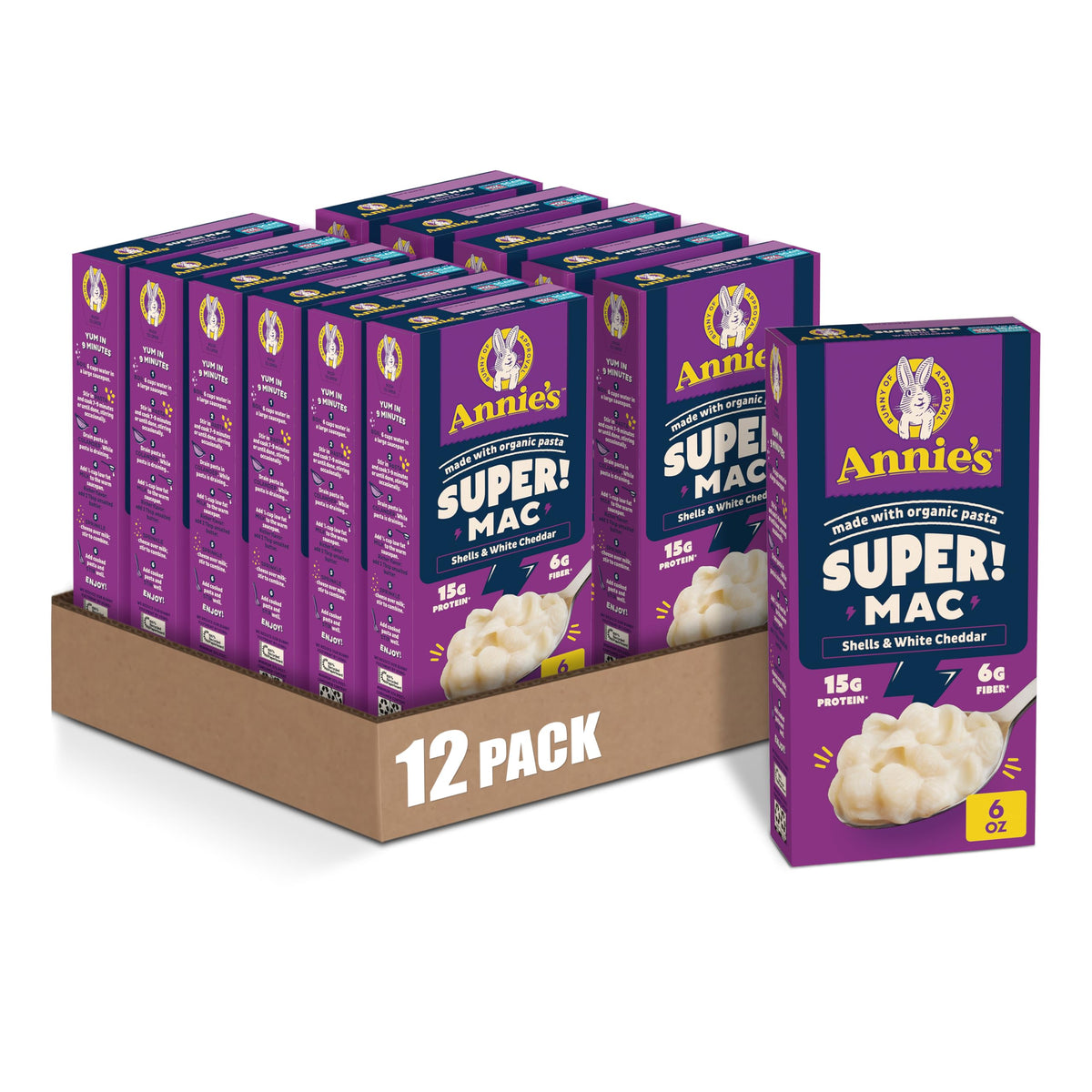 Annie's Super! Mac Shells & White Cheddar – Organic Pasta, 6 oz (Pack of 12)
