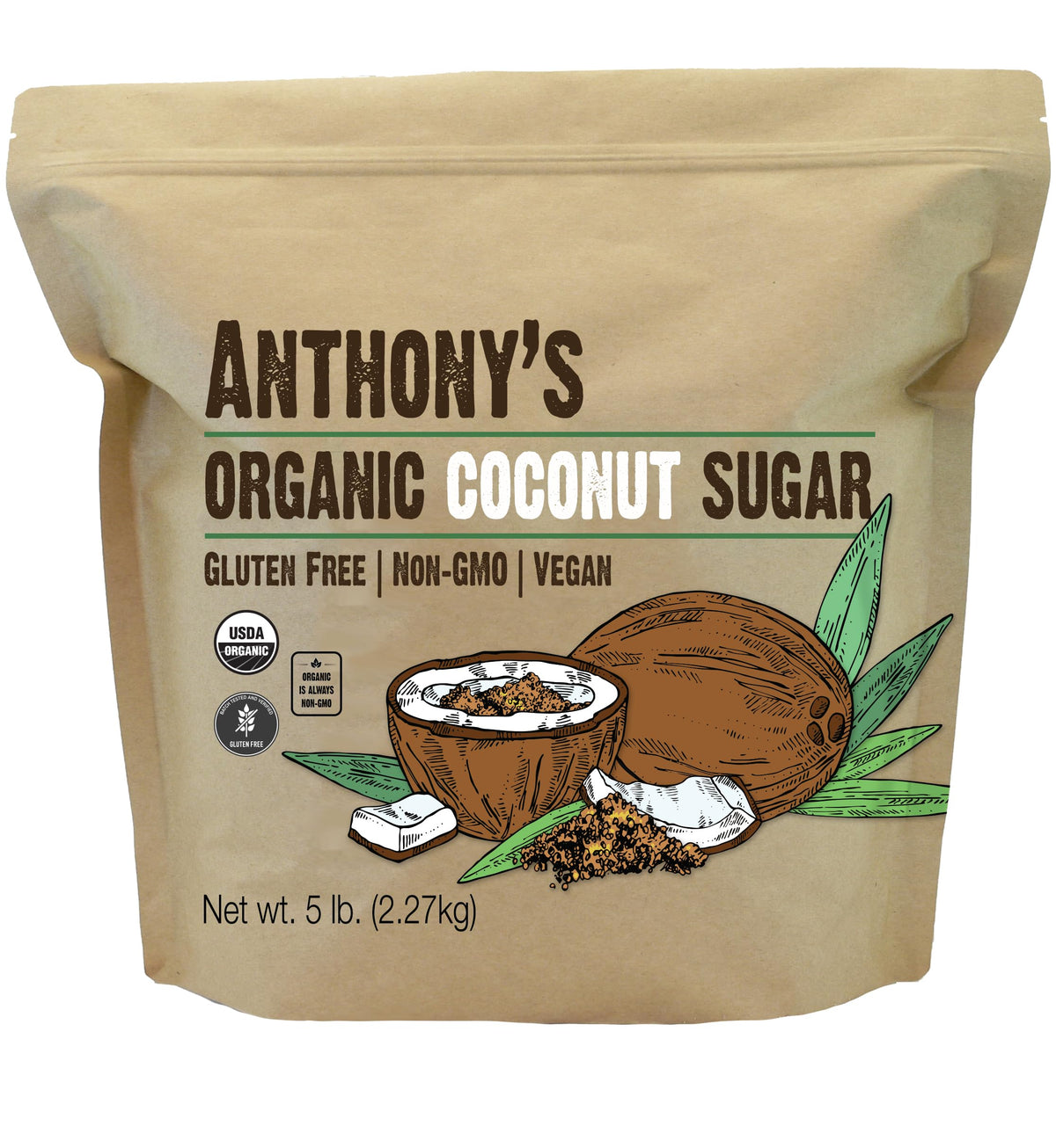 Anthony's Organic Coconut Sugar 5lb – Non-GMO, Gluten Free, 1:1 Sugar Substitute