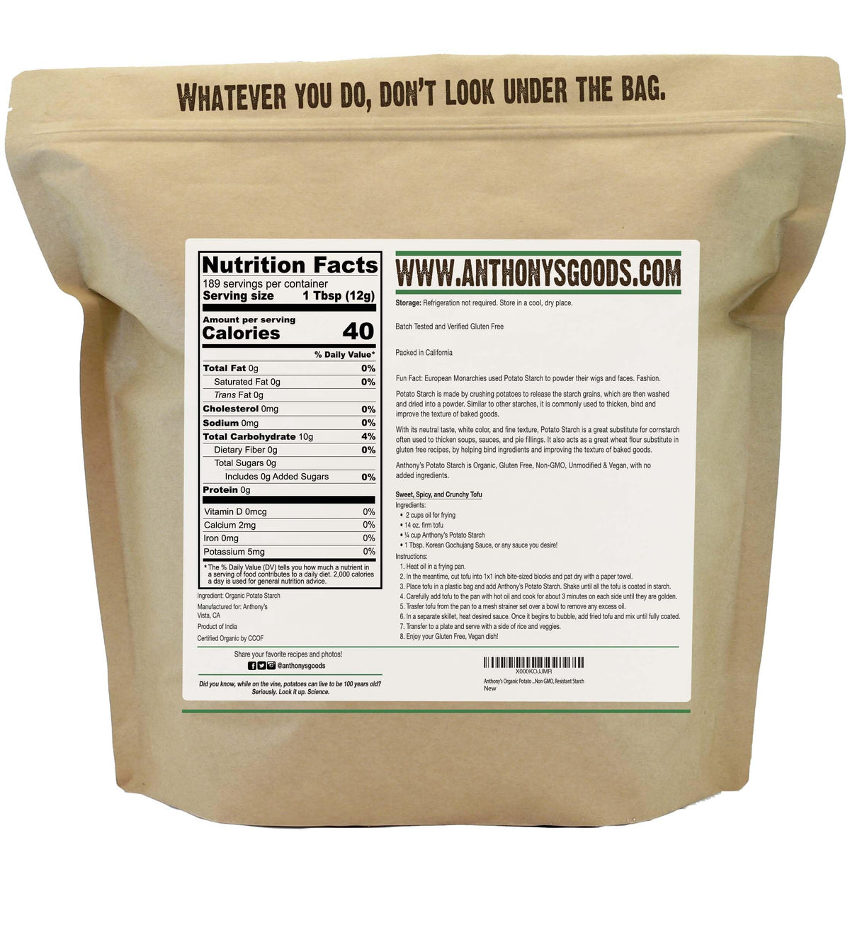Anthony's Organic Potato Starch – Unmodified, Gluten Free, 5 lb | Resistant Starch