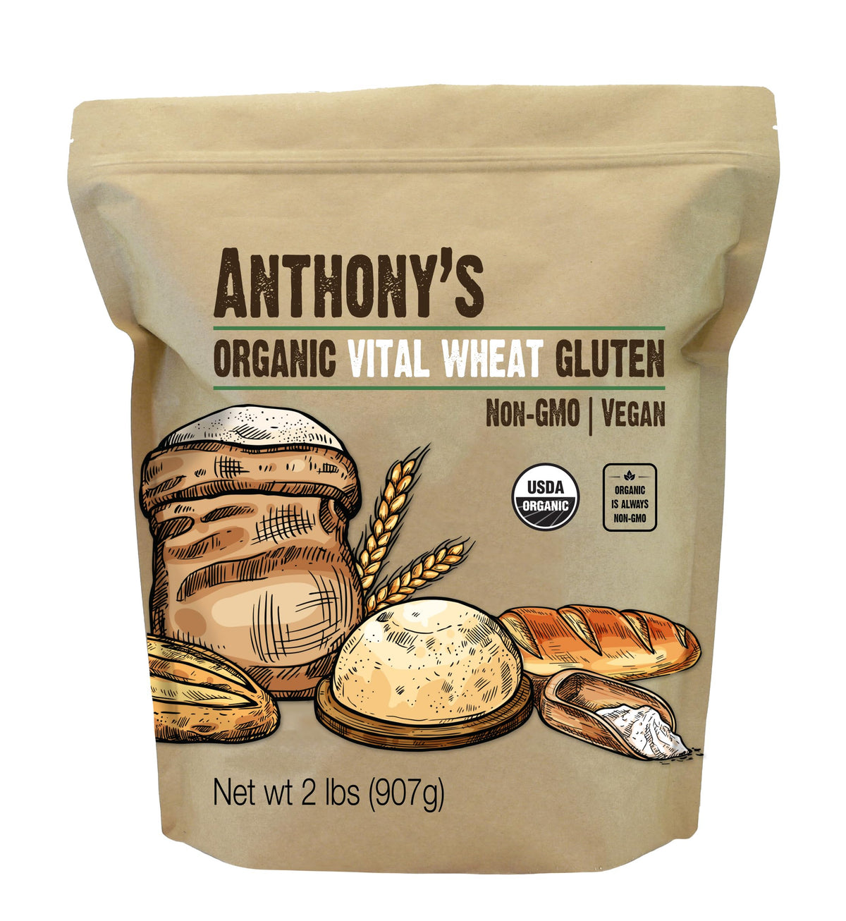 Anthony's Organic Vital Wheat Gluten - High-Protein, Vegan, Keto-Friendly, 2 lb