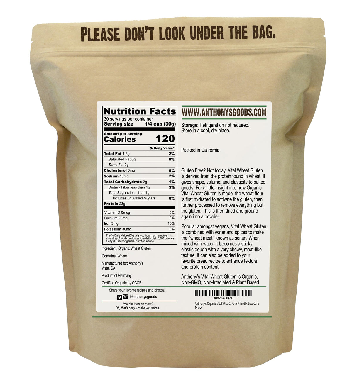 Anthony's Organic Vital Wheat Gluten - High-Protein, Vegan, Keto-Friendly, 2 lb