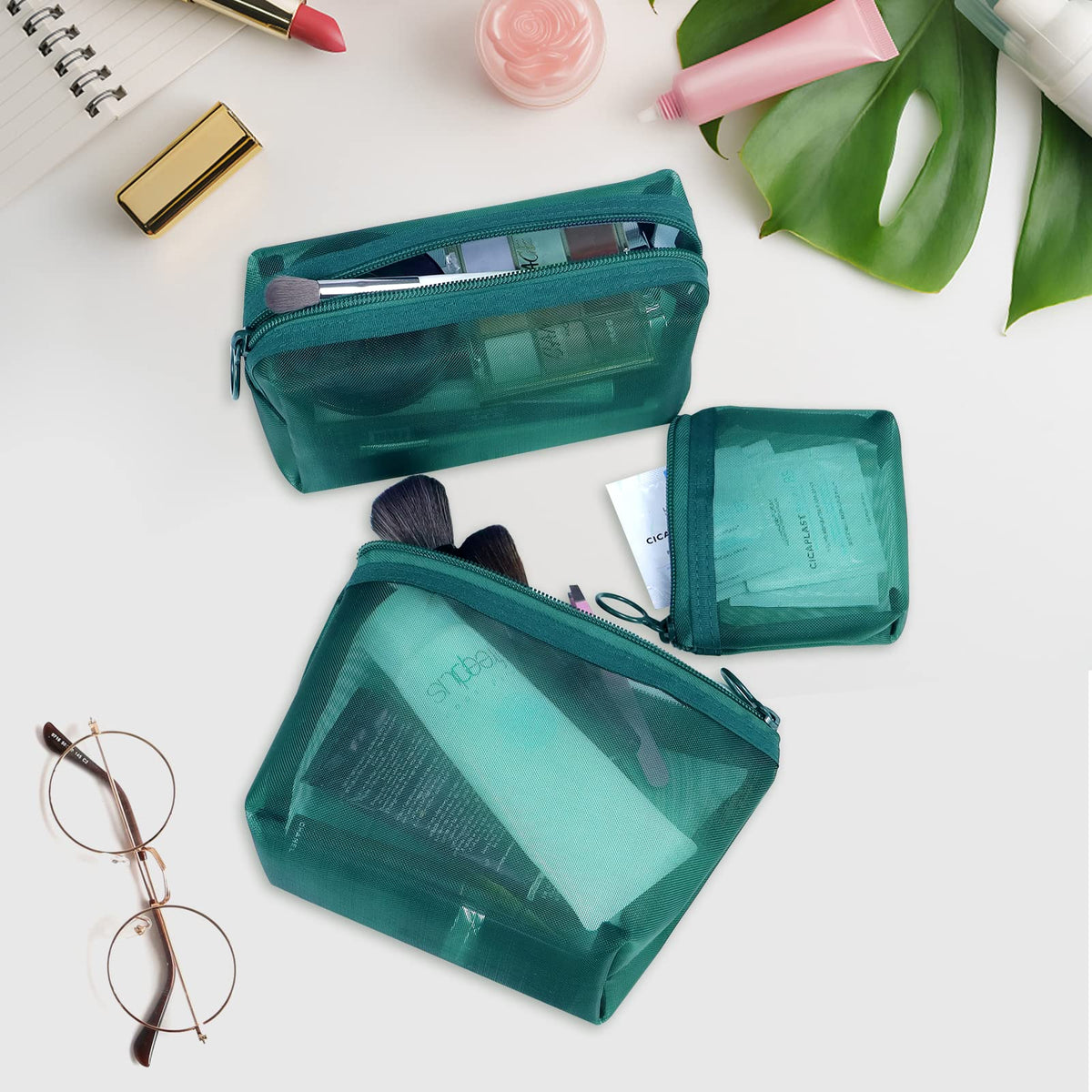 Aosbos 3-Pack Mesh Cosmetic Bag Set - Travel/On-The-Go Makeup Storage, Zipper Closure Small Pouch, Green