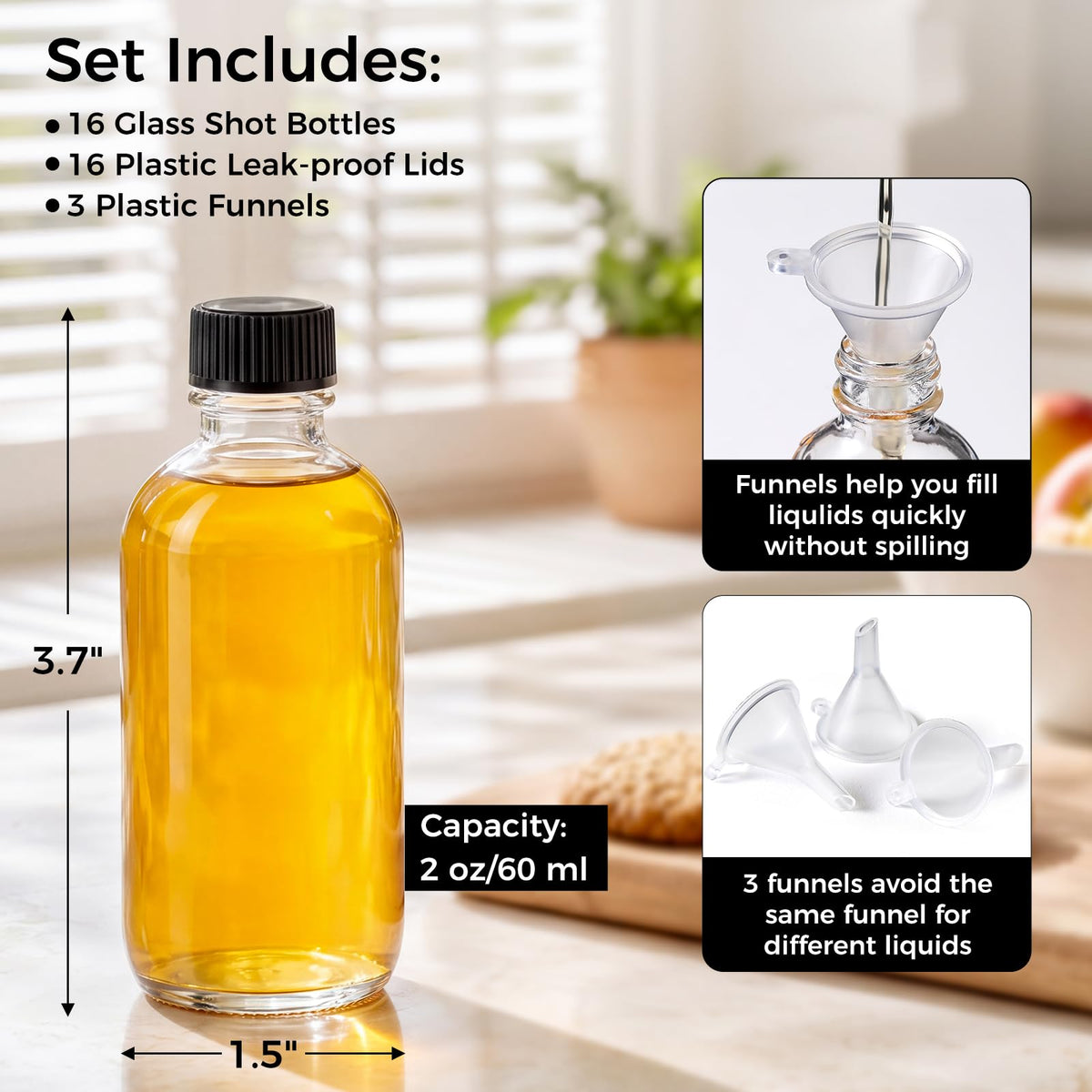 AOZITA 16 Pack, 2 oz Small Clear Glass Bottles w/Lid & 3 Funnels - 60ml Boston Shot Bottles for Health, Immunity, Potion, Wellness, Sample, Ginger, Juice - Mini Personal Care & Beauty Travel Bottle