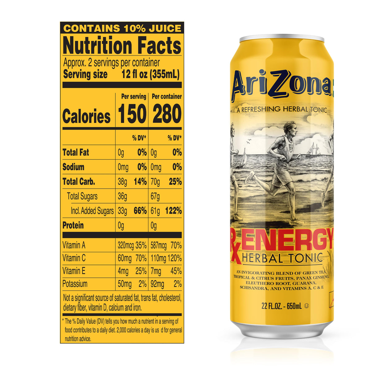 AriZona Rx Energy - Big Can 22 oz (Pack of 24) | Natural Herbal Energy Drink