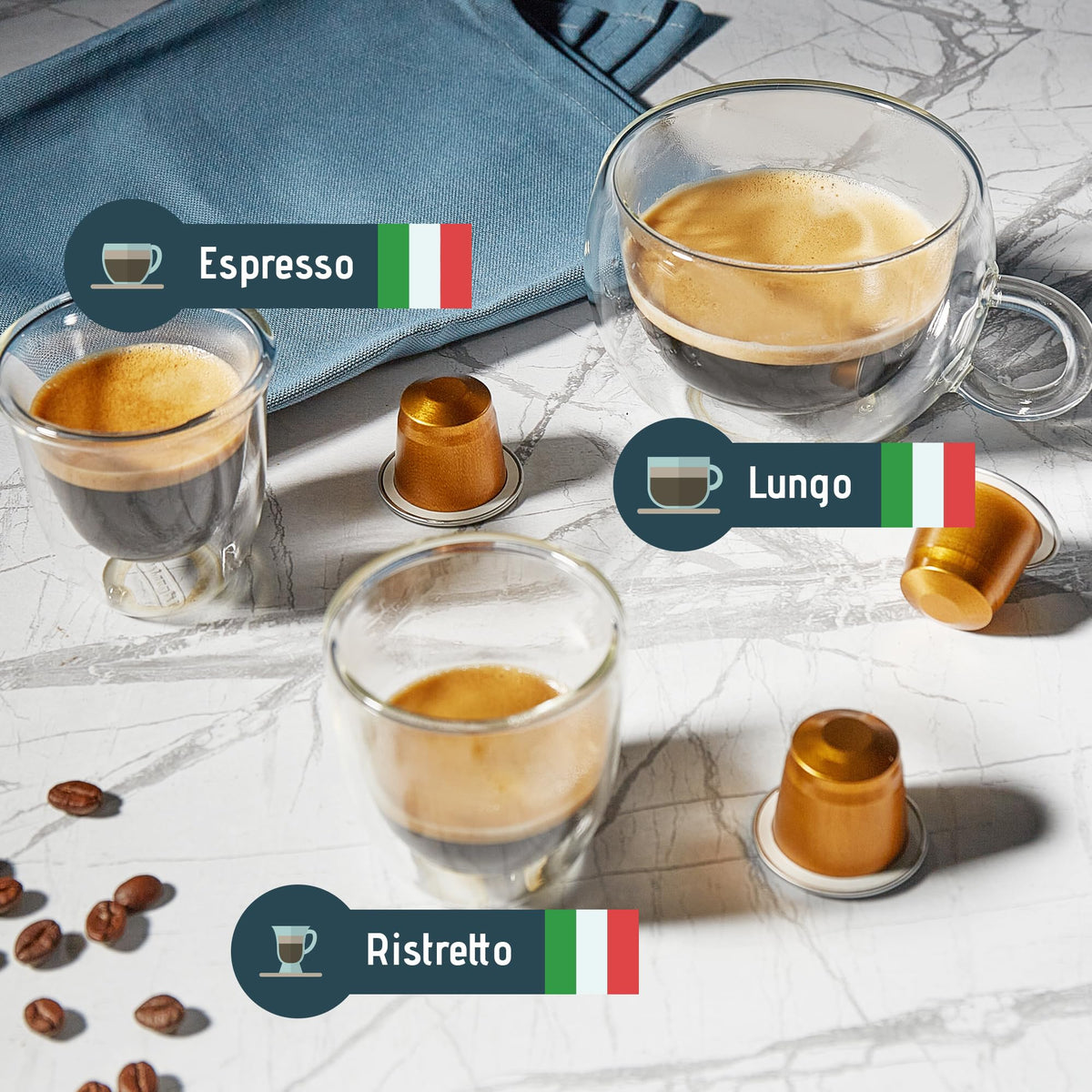 Artuzzi 120ct Compatible Nespresso Pods for Original Machines | Ristretto, Espresso & Lungo Capsules | Aluminum & Recyclable