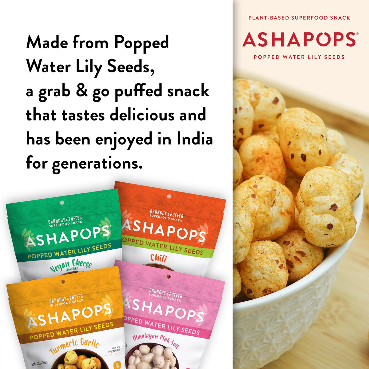 AshaPops Popped Water Lily Seeds Variety Pack – Gluten Free, Vegan, Paleo, 4 Bags